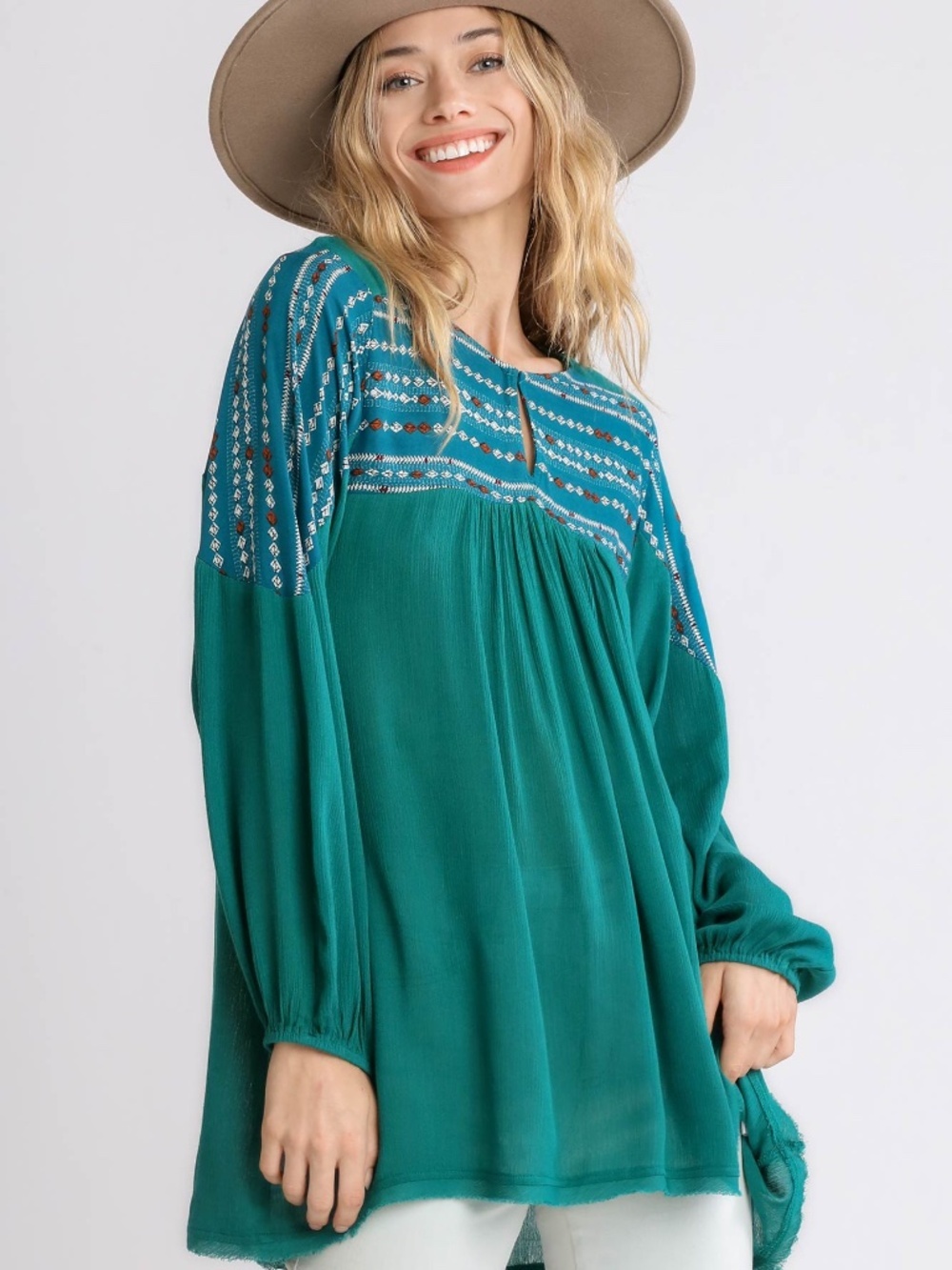Umgee Teal Boho Tunic Blouse Relaxed Rayon Top Long Sleeve NWT
